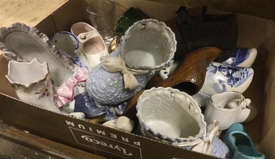 Collection of shoe ornaments, inc ceramic, treen, leather, glass etc